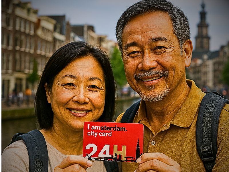 happy asian couple in amsterdam with city card
